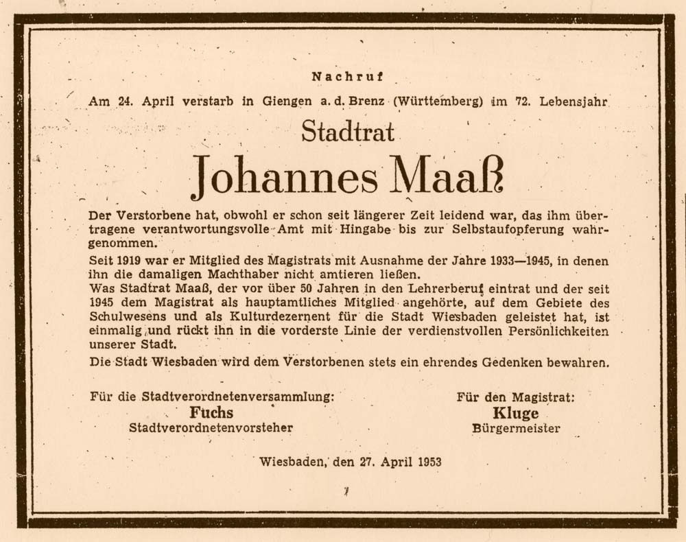 Todesanzeige der Landeshauptstadt Wiesbaden